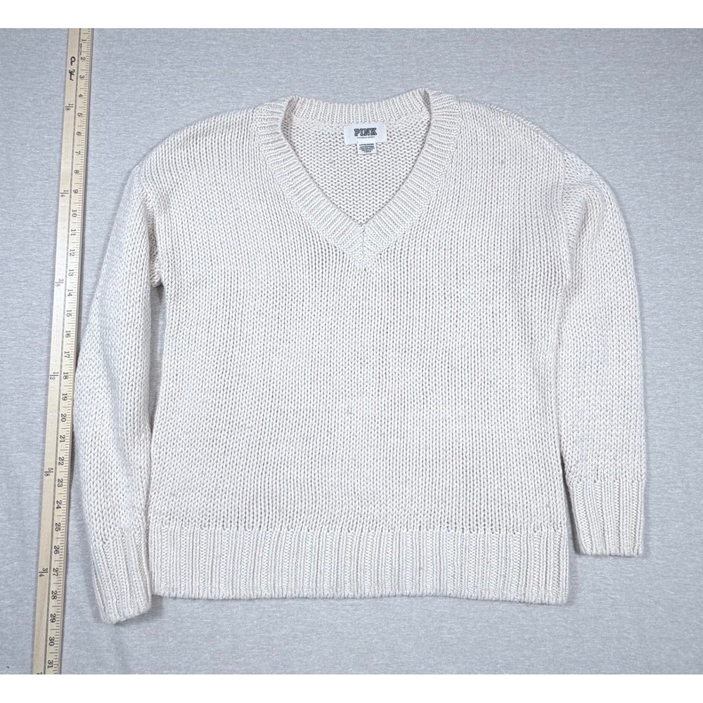 Victoria's Secret PINK Cream Chunky Knit V-Neck Sweater Small Pullover Y2K
